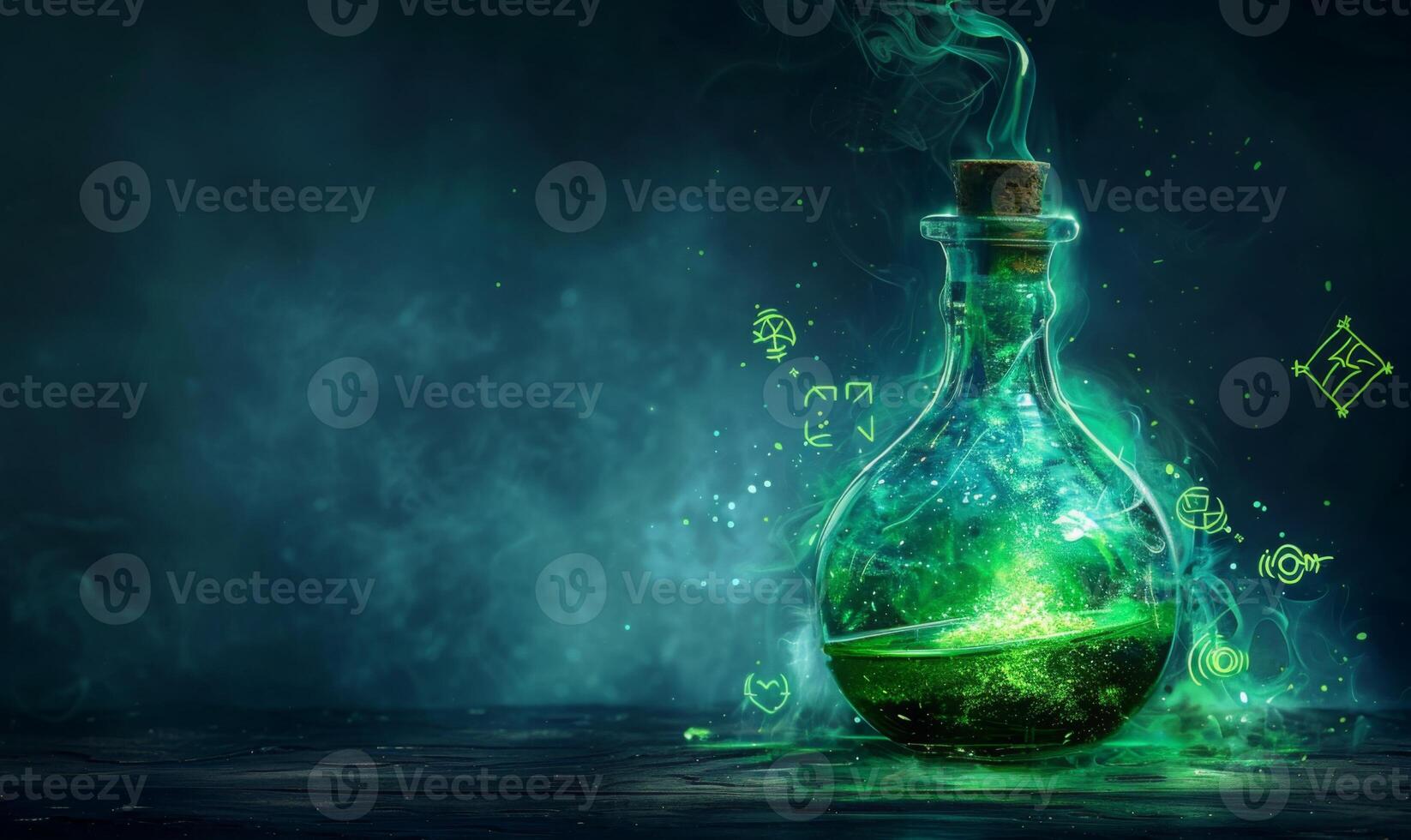 A bubbling potion bottle with glowing green liquid and mystical symbols around, leaving space on the left for a message photo