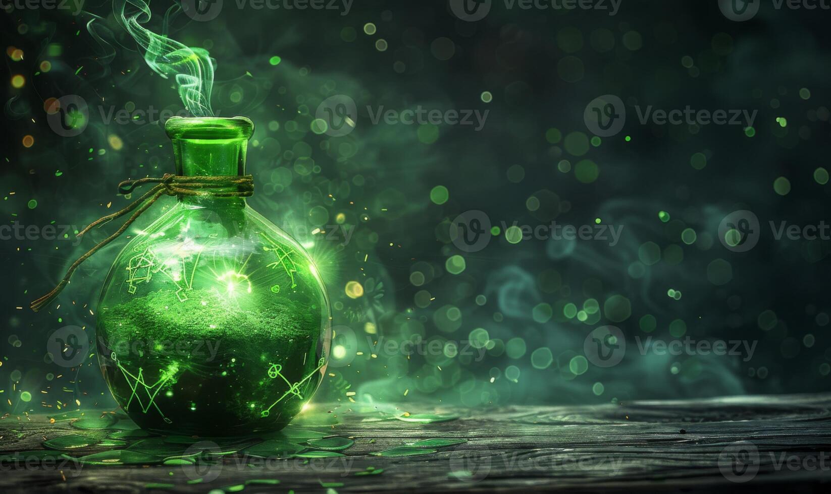 A bubbling potion bottle with glowing green liquid and mystical symbols around, leaving space on the left for a message photo