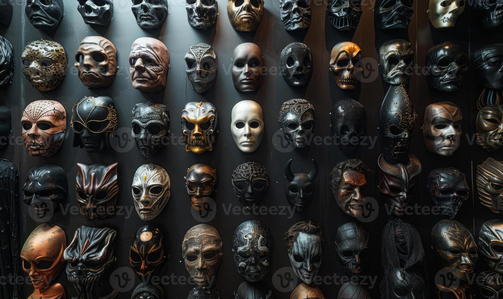 A collection of spooky Halloween masks hanging on a wall with eerie lighting, leaving space in the center for copy photo