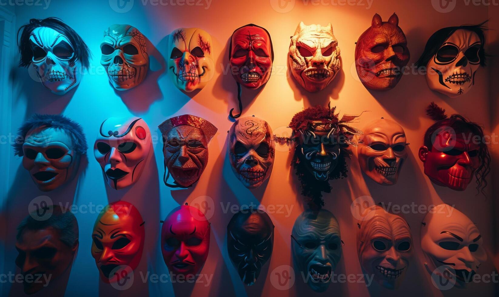 A collection of spooky Halloween masks hanging on a wall with eerie lighting, leaving space in the center for copy photo
