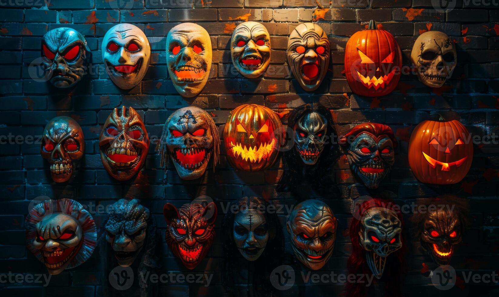 A collection of spooky Halloween masks hanging on a wall with eerie lighting, leaving space in the center for copy photo