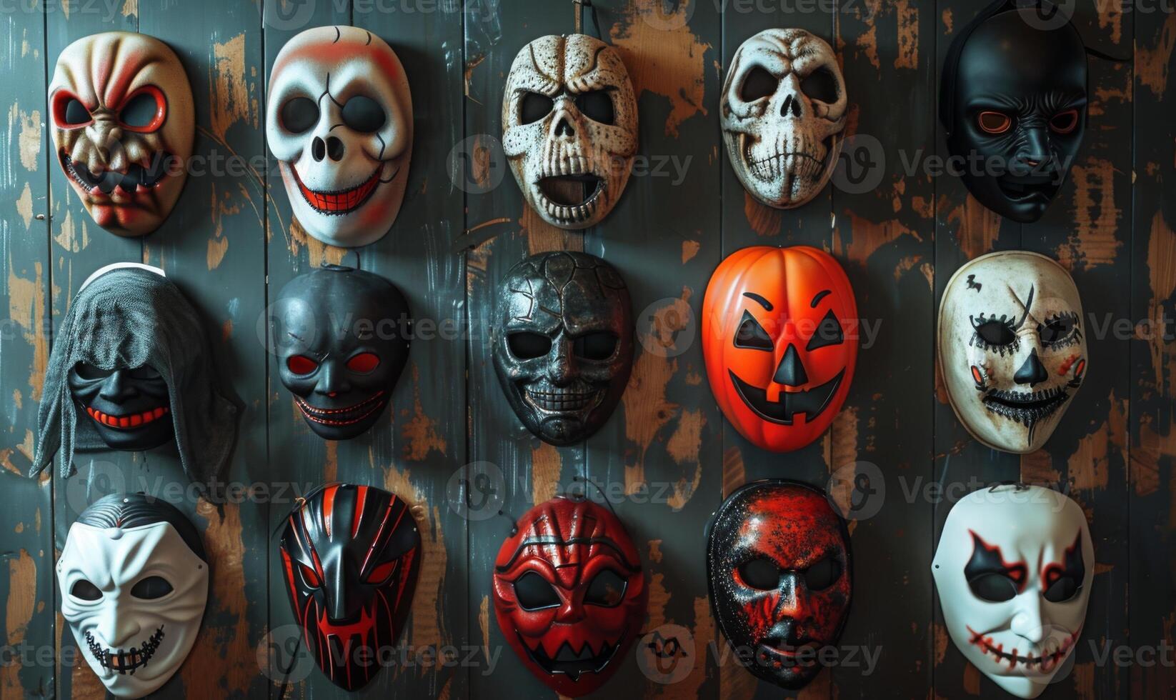 A collection of spooky Halloween masks hanging on a wall with eerie lighting, leaving space in the center for copy photo