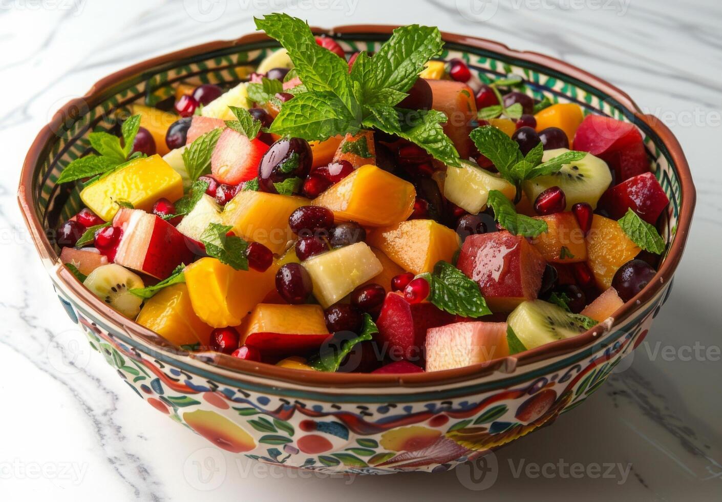 A colorful bowl of mixed fruit salad with exotic fruits and mint leaves photo