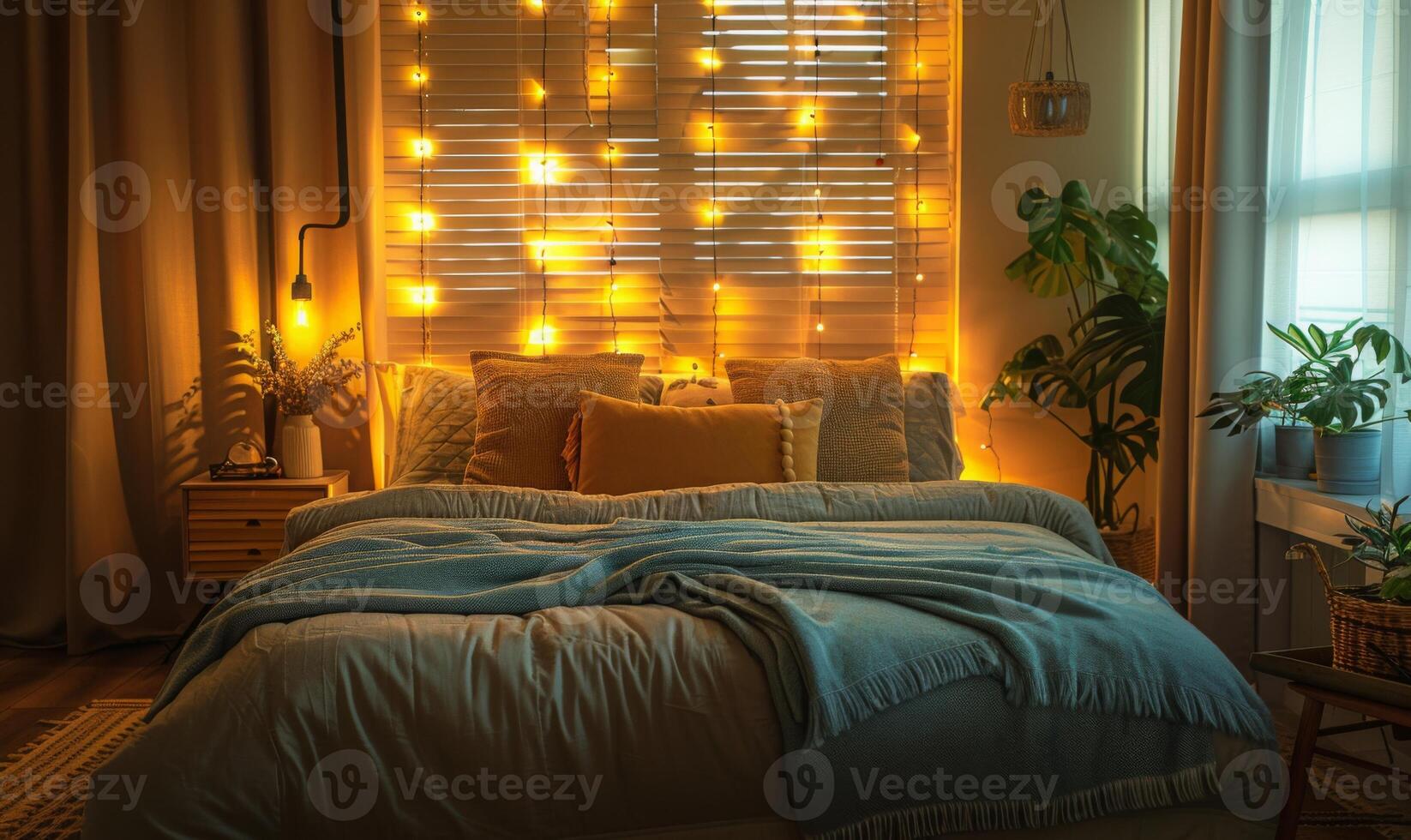 A cozy bedroom with a stylish bed and soft lighting photo