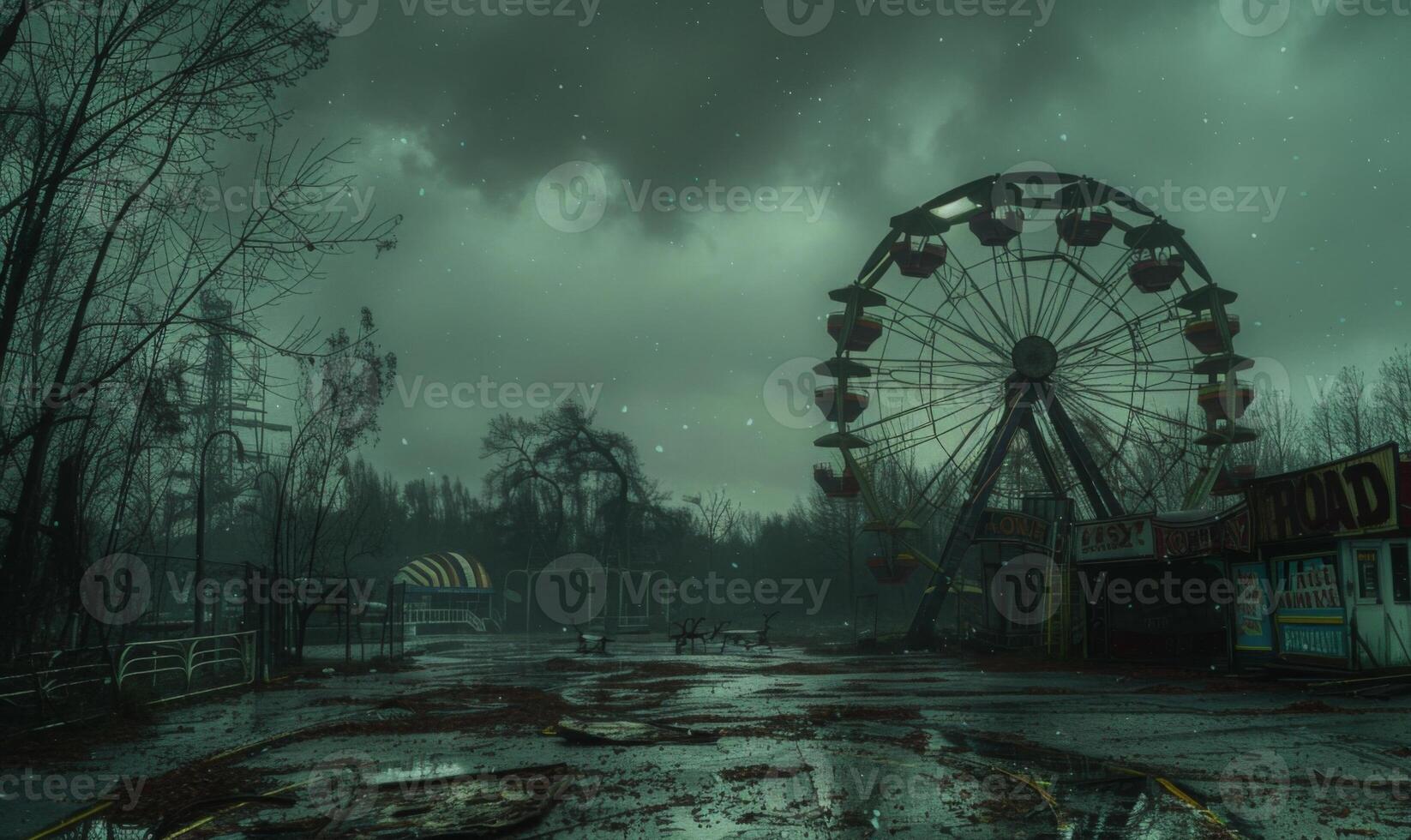 A creepy carnival scene with a deserted Ferris wheel and eerie clowns, with plenty of space on the right for a message photo