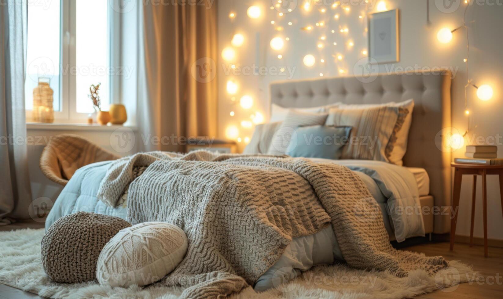 A cozy bedroom with a stylish bed and soft lighting photo