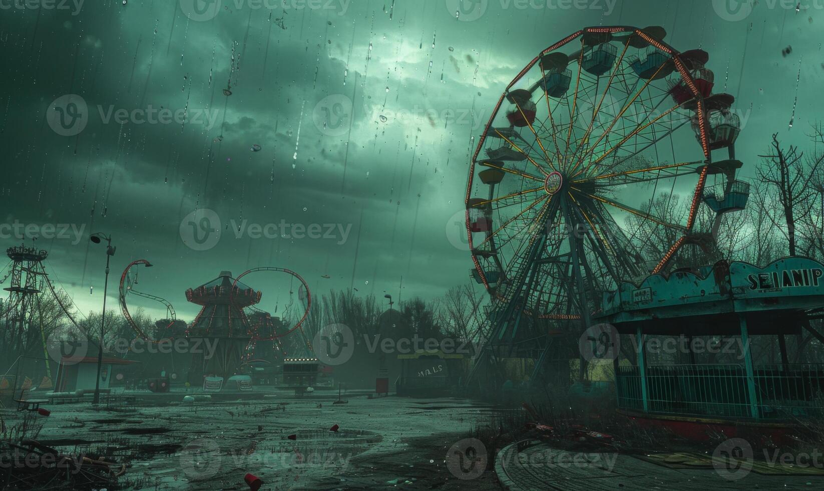 A creepy carnival scene with a deserted Ferris wheel and eerie clowns, with plenty of space on the right for a message photo