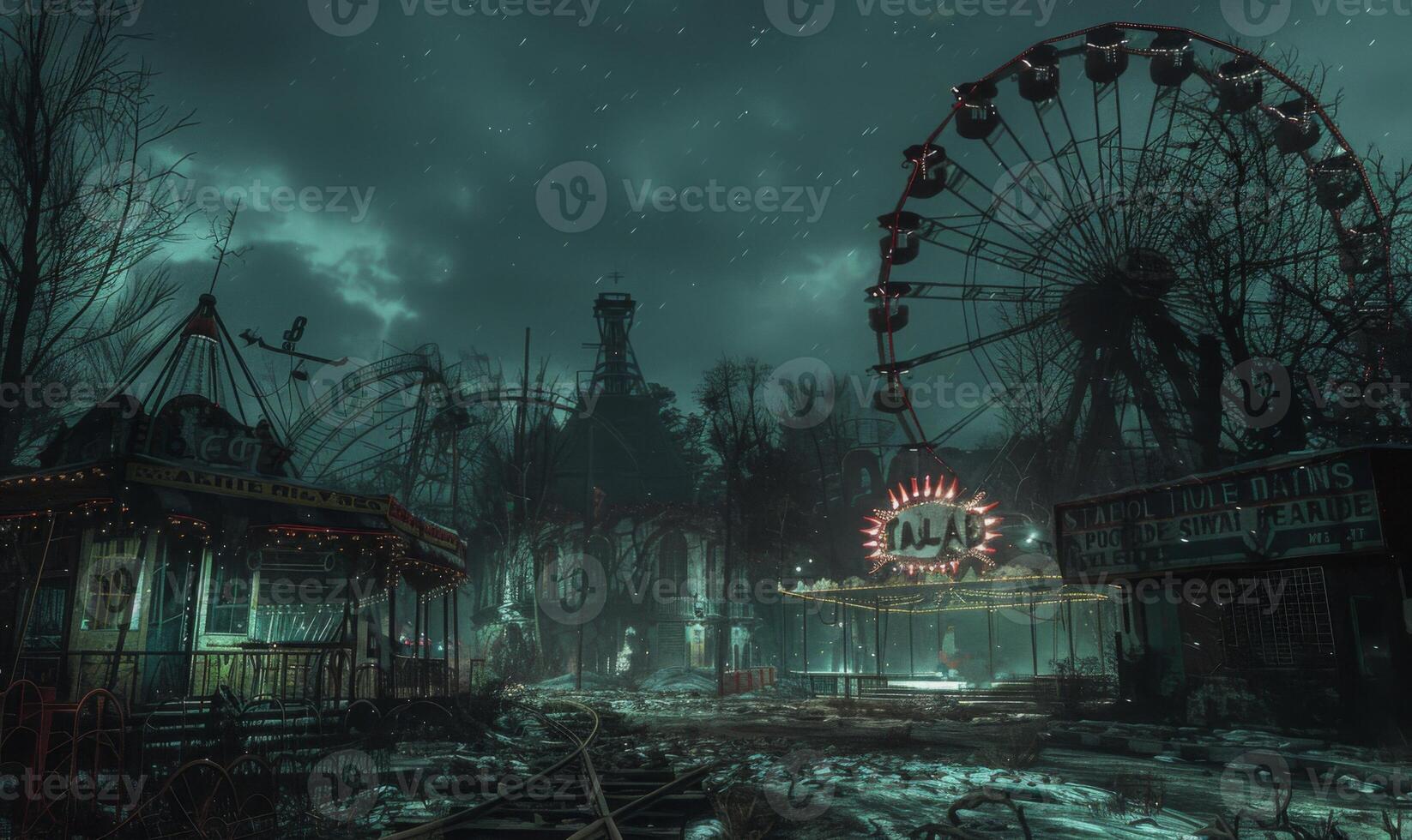 A creepy carnival scene with a deserted Ferris wheel and eerie clowns, with plenty of space on the right for a message photo