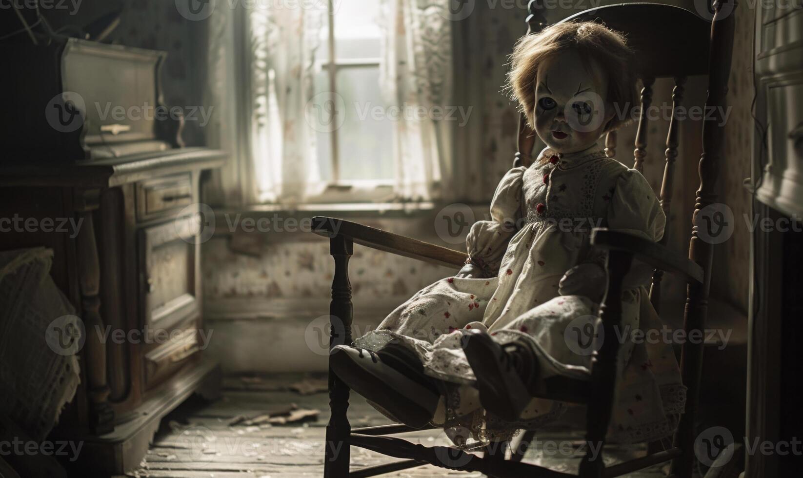 A creepy doll sitting on a rocking chair in a dimly lit room, leaving space on the right for copy, photo