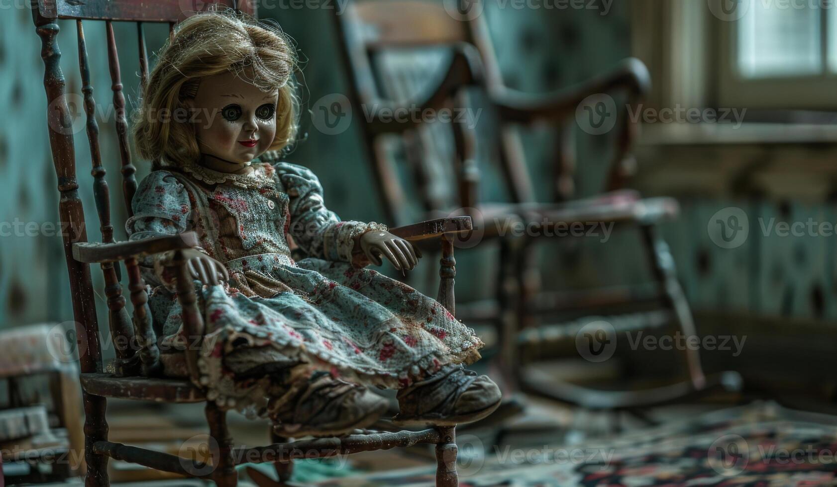 A creepy doll sitting on a rocking chair in a dimly lit room, leaving space on the right for copy, photo