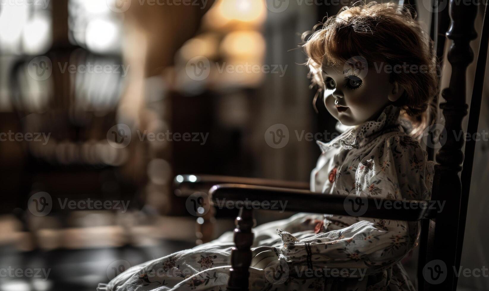 A creepy doll sitting on a rocking chair in a dimly lit room, leaving space on the right for copy, photo