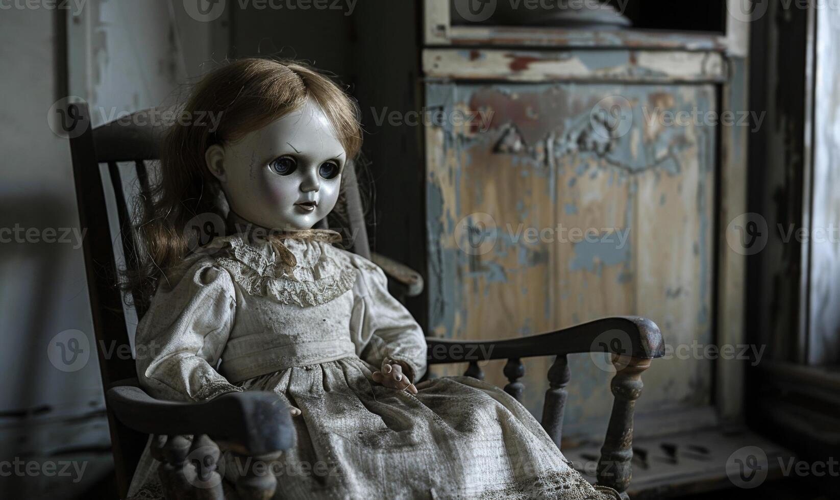 A creepy doll sitting on a rocking chair in a dimly lit room, leaving space on the right for copy, photo