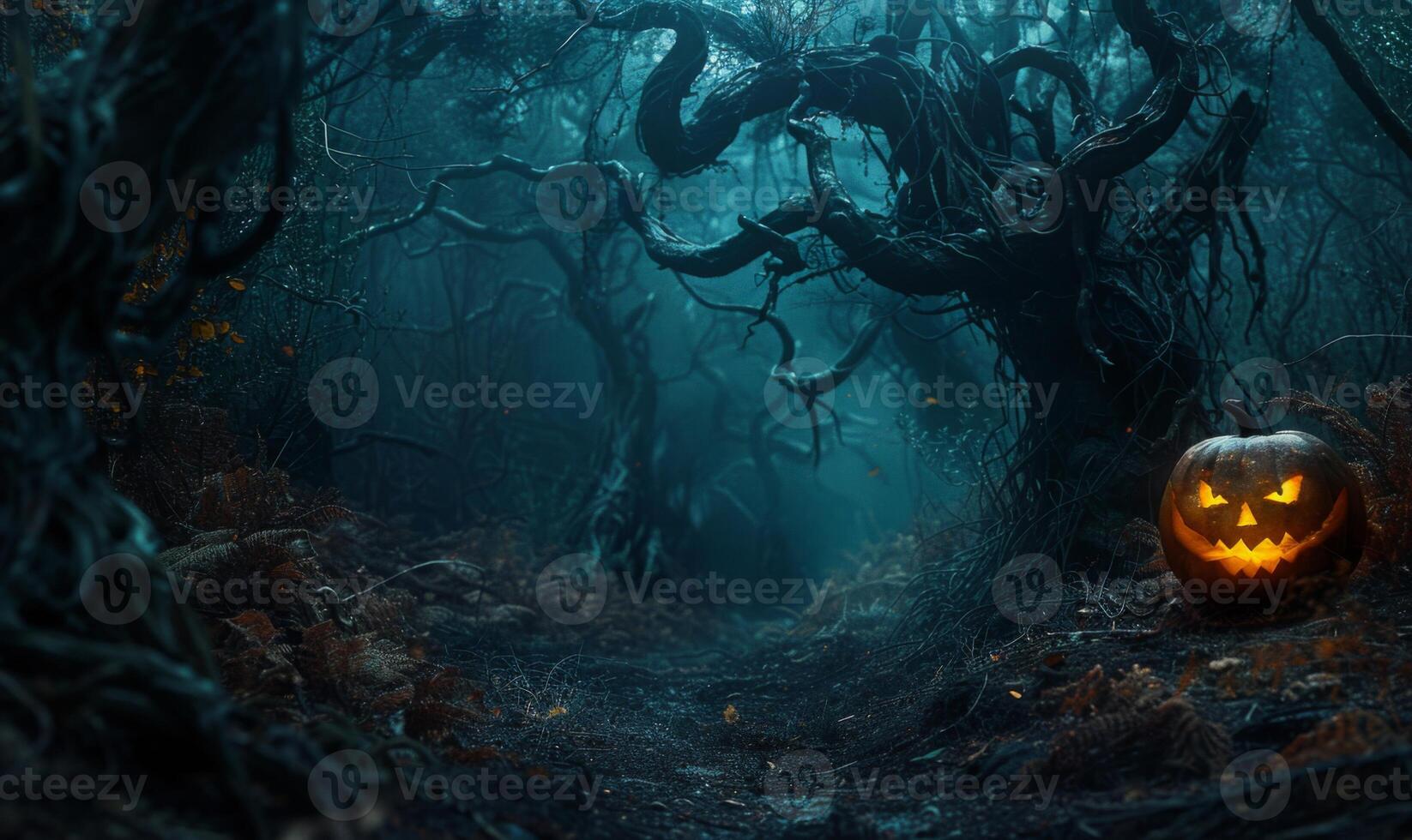 A dark forest with twisted trees and a jack-o'-lantern glowing brightly, leaving ample space on the left for copy photo