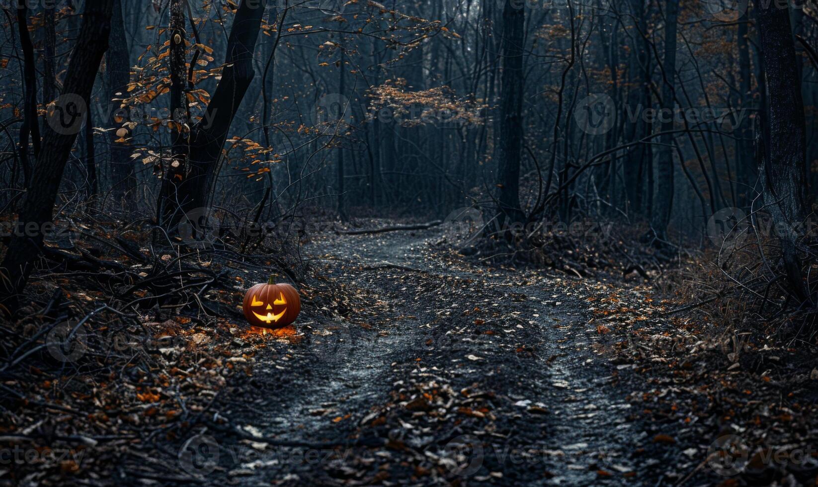 A dark forest with twisted trees and a jack-o'-lantern glowing brightly, leaving ample space on the left for copy photo