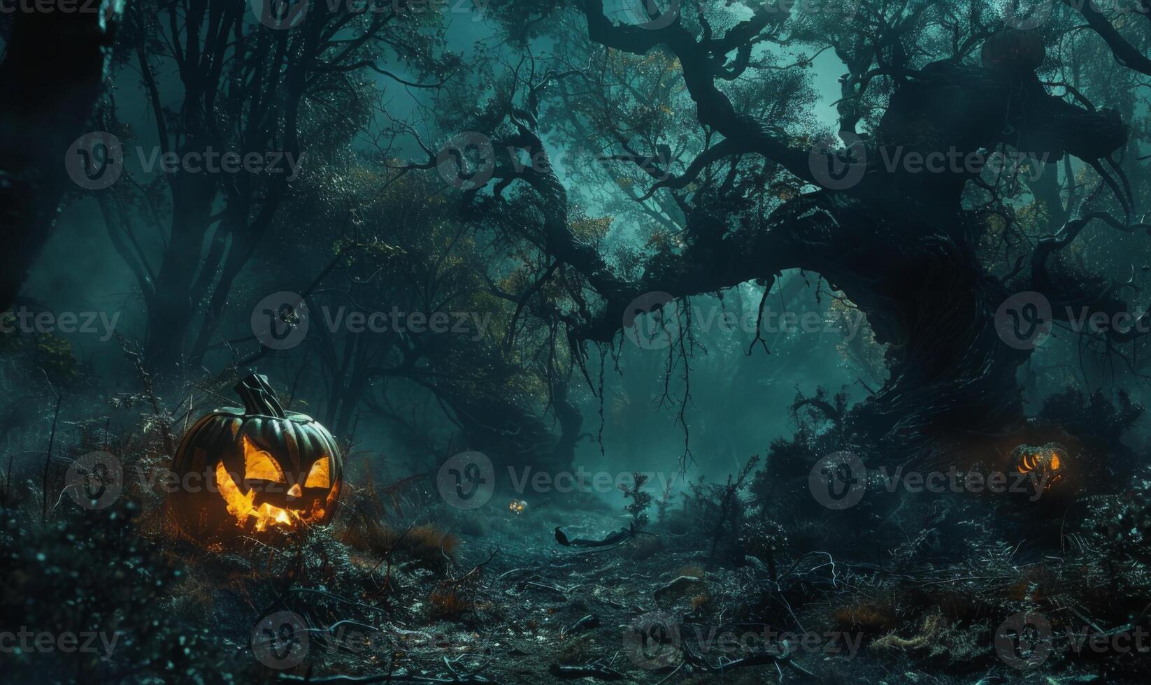 A dark forest with twisted trees and a jack-o'-lantern glowing brightly, leaving ample space on the left for copy photo