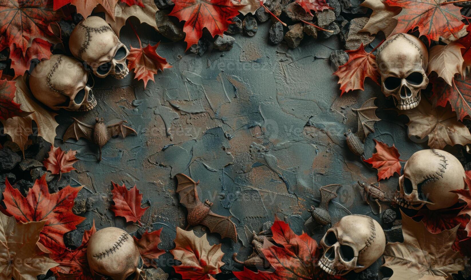 A flat lay background with Halloween decorations like skulls, bats, and autumn leaves framing an empty area photo