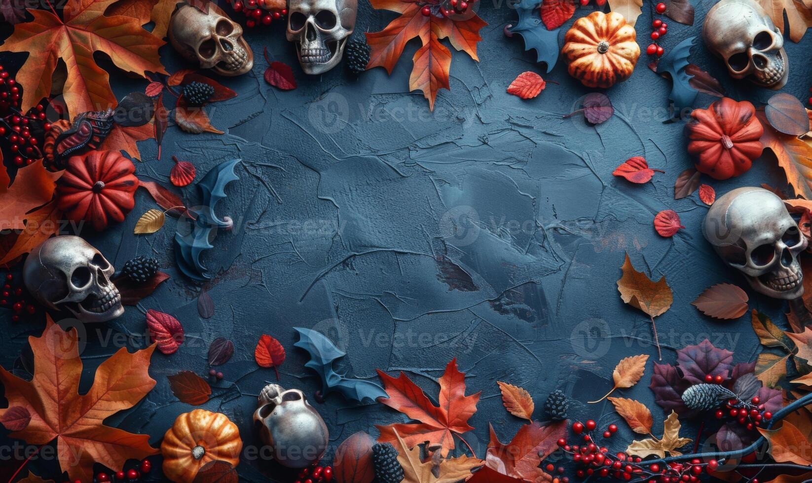 A flat lay background with Halloween decorations like skulls, bats, and autumn leaves framing an empty area photo