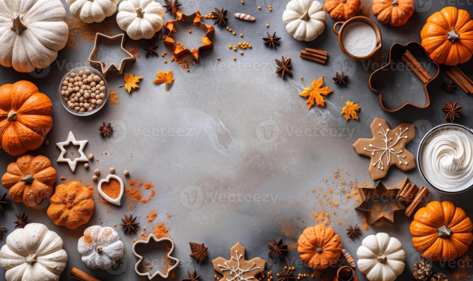 A flat lay background with a Halloween baking setup, including cookie cutters, frosting, and sprinkles, with a clear central area photo
