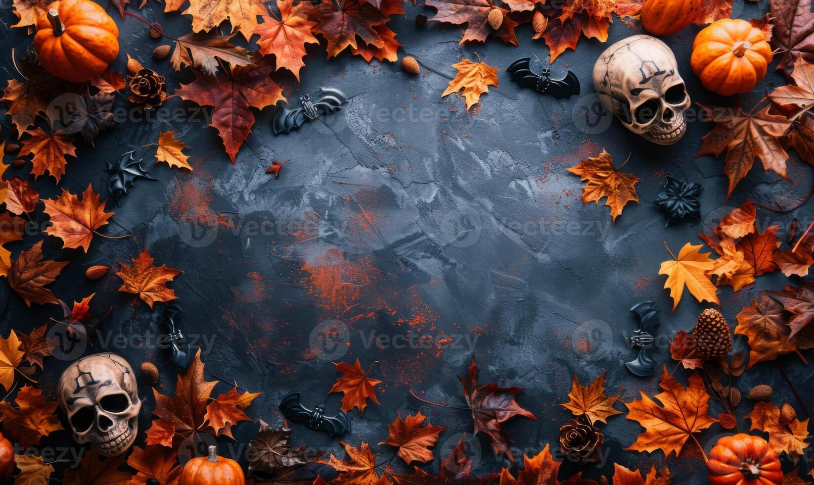A flat lay background with Halloween decorations like skulls, bats, and autumn leaves framing an empty area photo