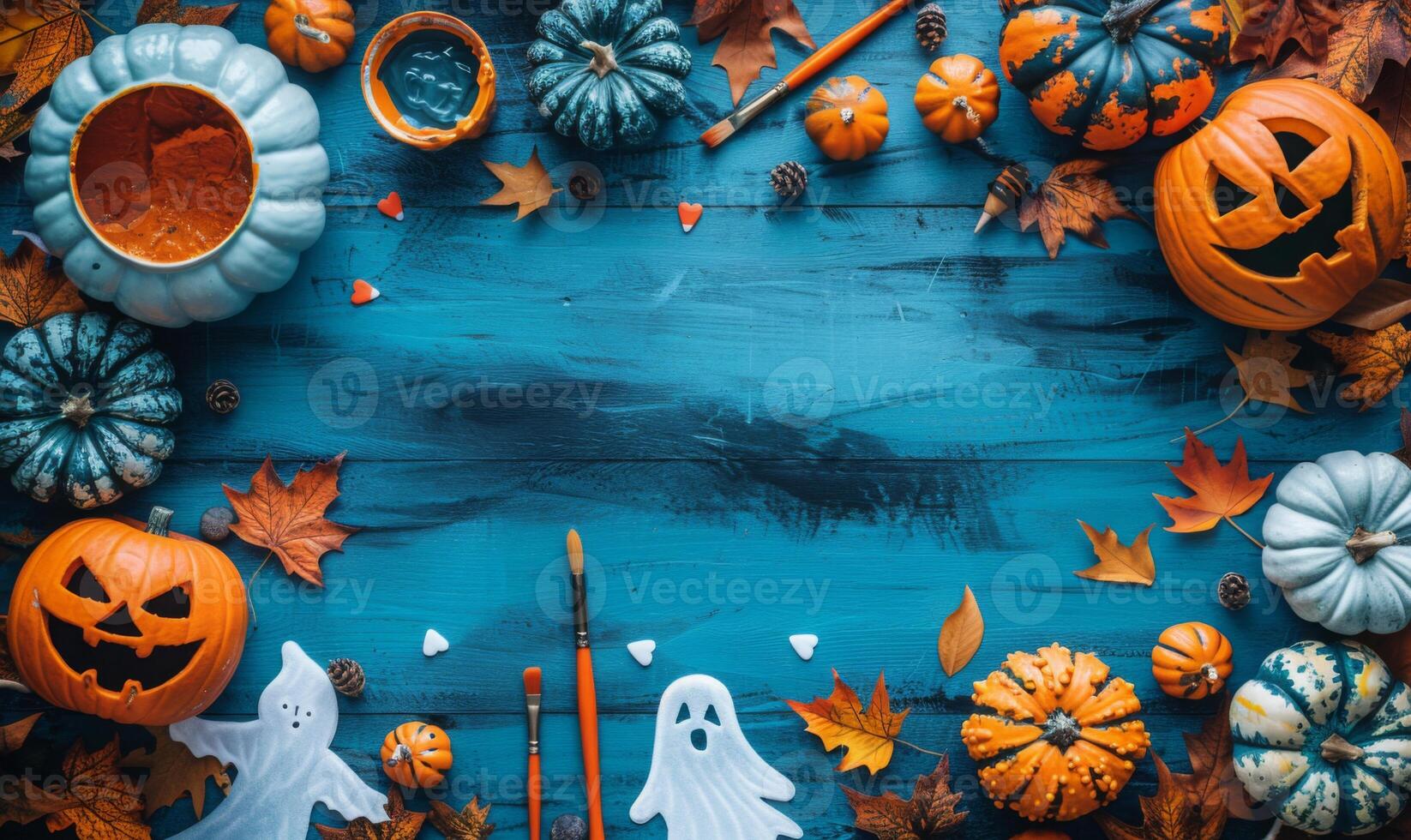 A flat lay featuring Halloween crafts like carved pumpkins, ghost cutouts, and paintbrushes, with an open area for text photo