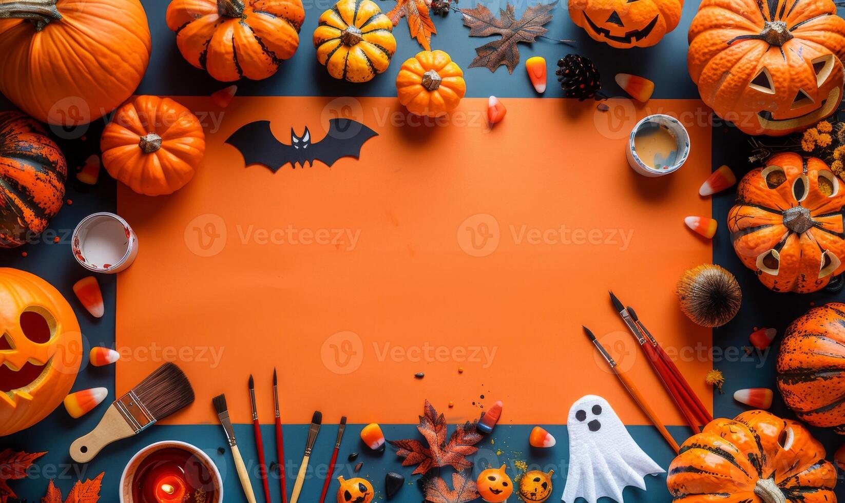 A flat lay featuring Halloween crafts like carved pumpkins, ghost cutouts, and paintbrushes, with an open area for text photo