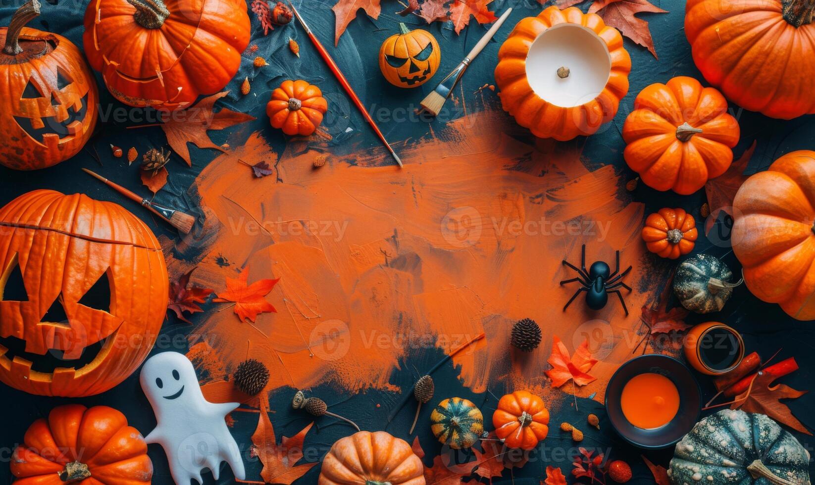 A flat lay featuring Halloween crafts like carved pumpkins, ghost cutouts, and paintbrushes, with an open area for text photo
