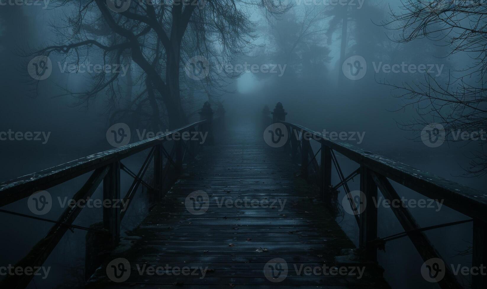 A foggy bridge leading into a dark forest with distant glowing eyes, leaving space at the bottom for text photo