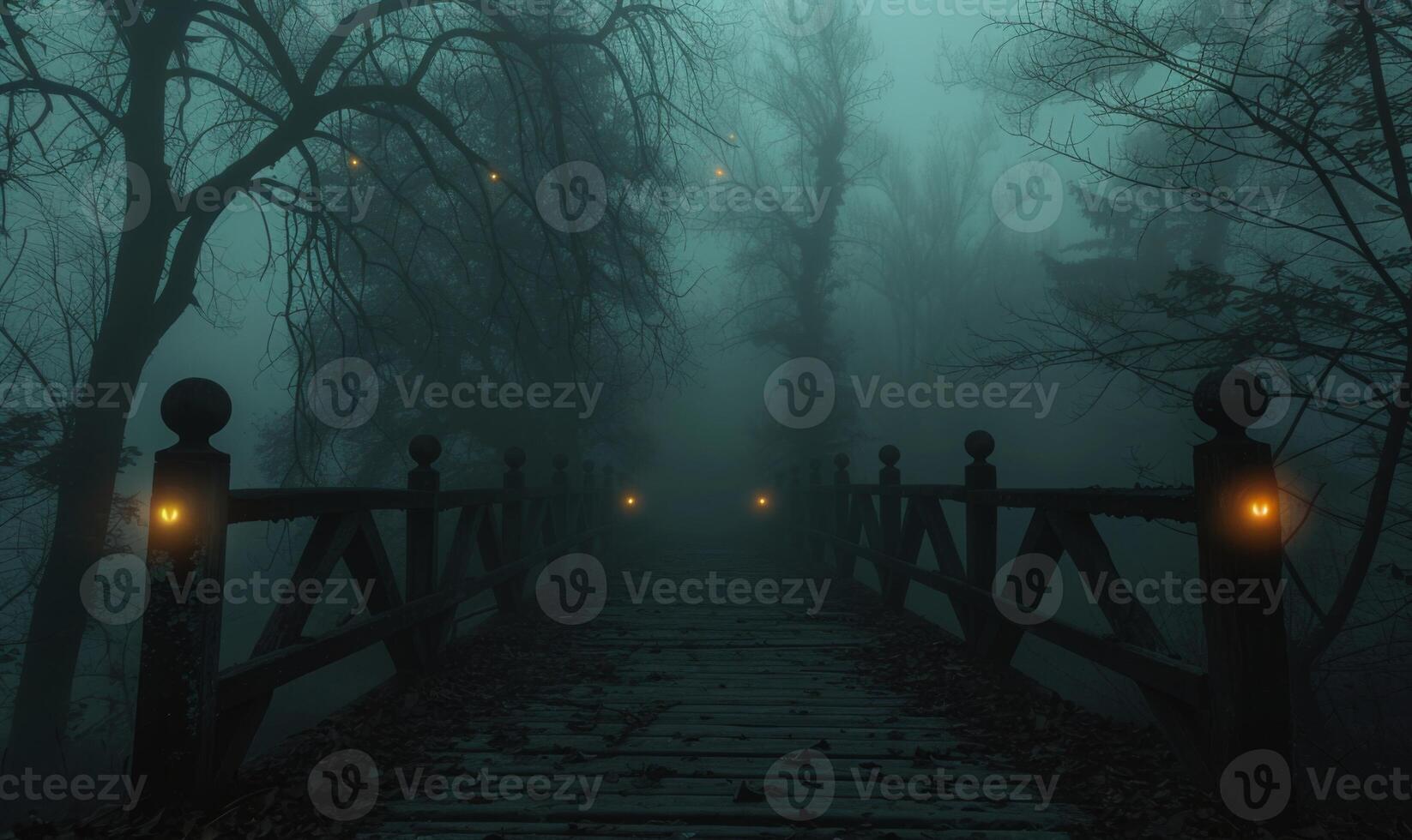A foggy bridge leading into a dark forest with distant glowing eyes, leaving space at the bottom for text photo