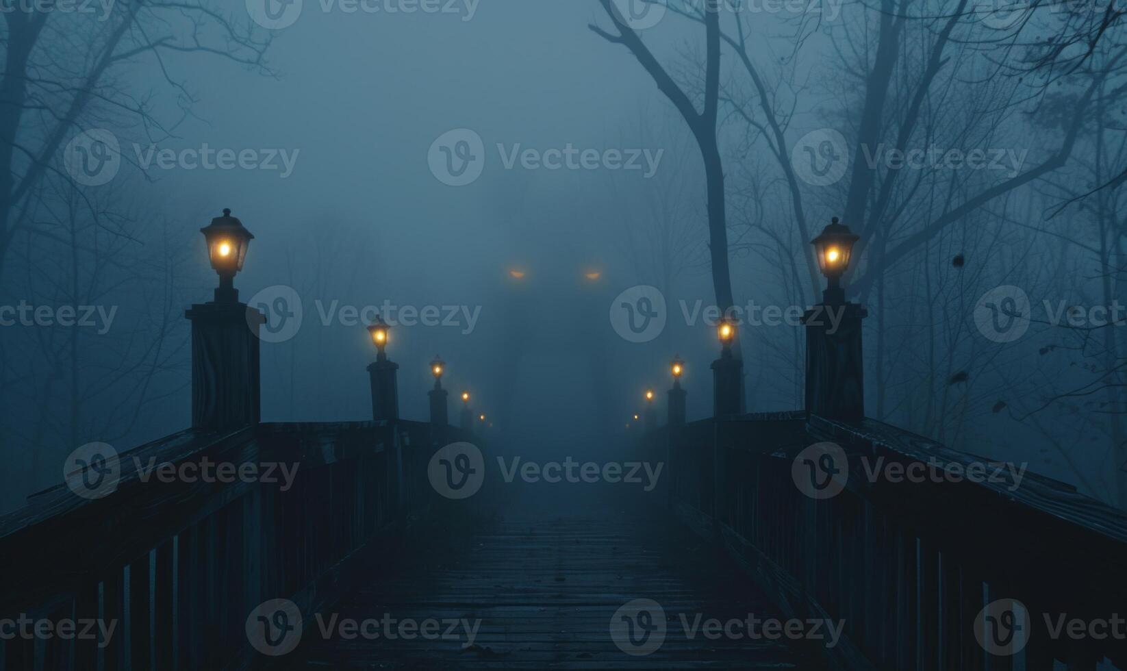 A foggy bridge leading into a dark forest with distant glowing eyes, leaving space at the bottom for text photo