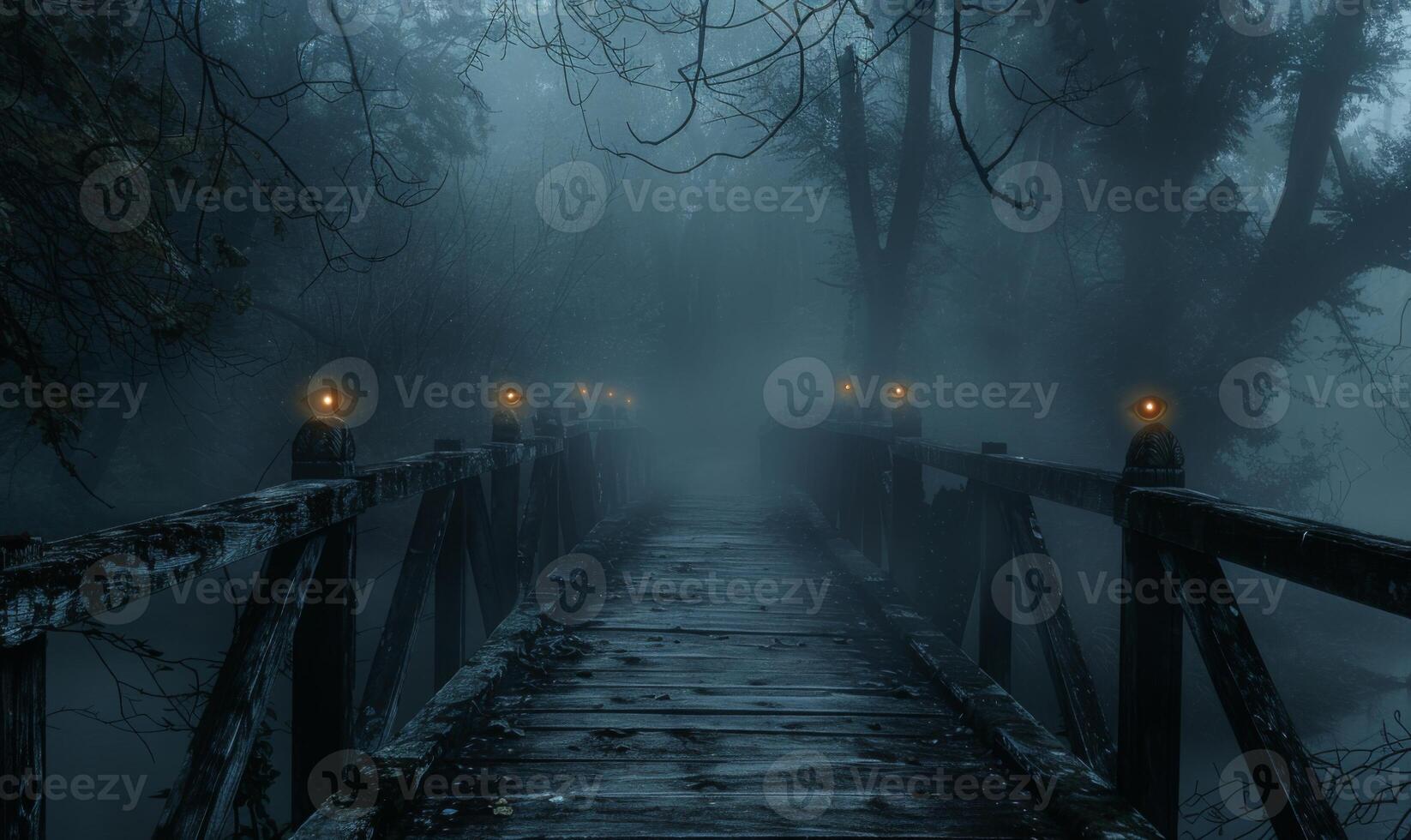 A foggy bridge leading into a dark forest with distant glowing eyes, leaving space at the bottom for text photo