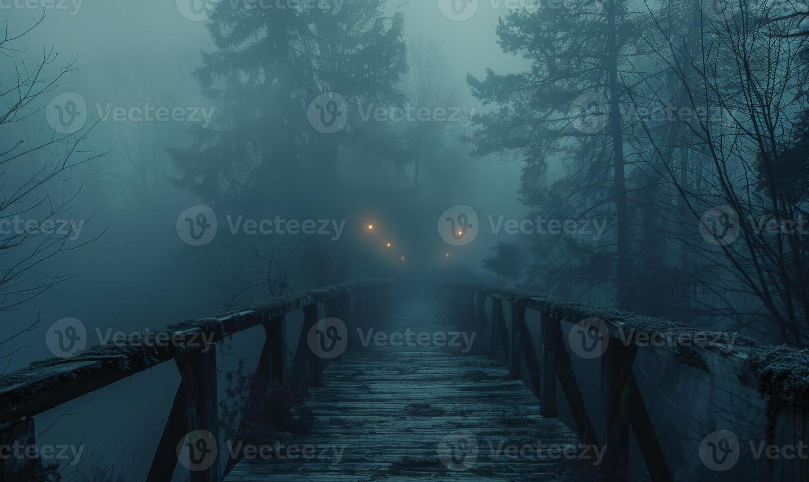 A foggy bridge leading into a dark forest with distant glowing eyes, leaving space at the bottom for text photo