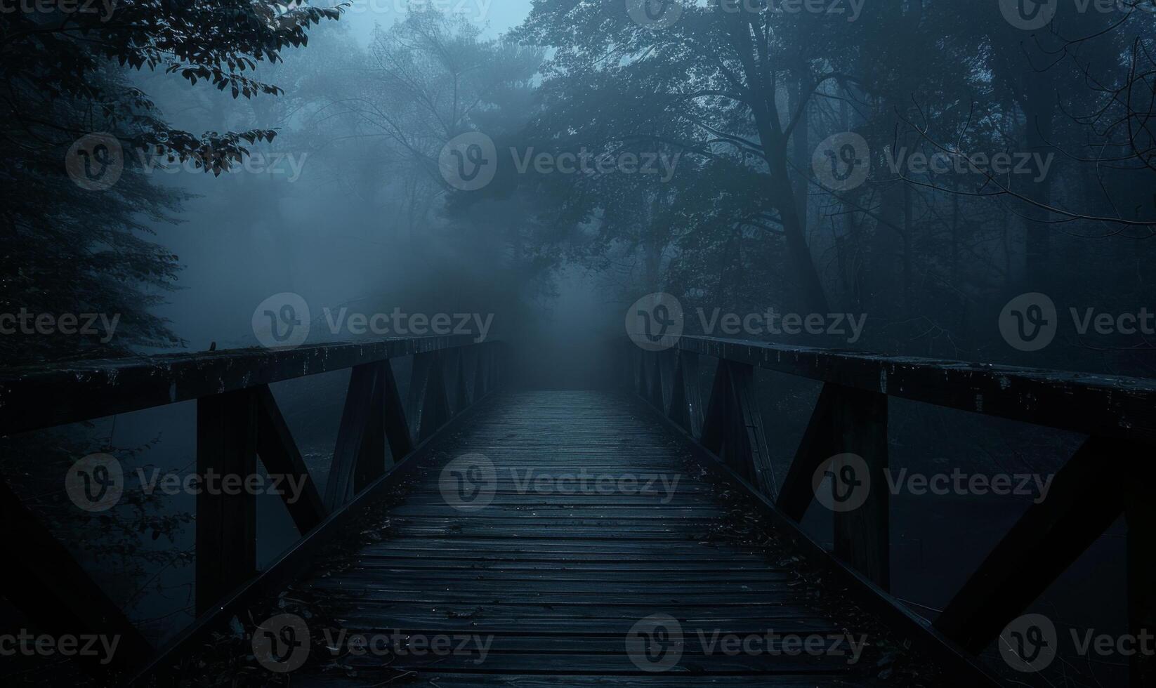 A foggy bridge leading into a dark forest with distant glowing eyes, leaving space at the bottom for text photo