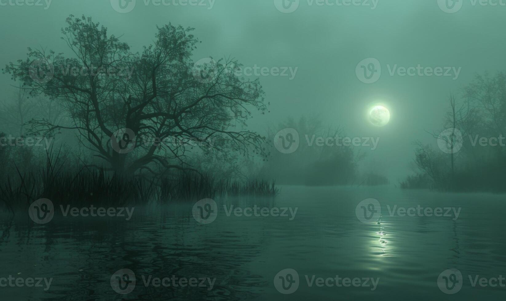 A foggy, moonlit swamp with eerie trees and glowing orbs, with plenty of space on the left for text photo