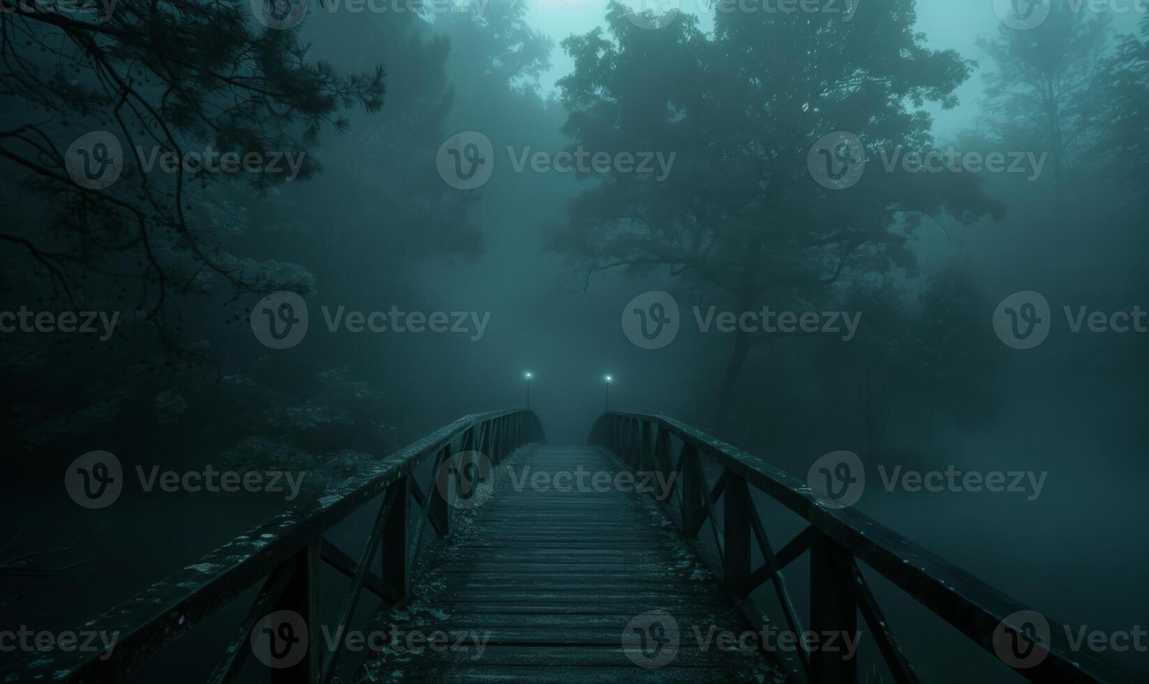 A foggy bridge leading into a dark forest with distant glowing eyes, leaving space at the bottom for text photo