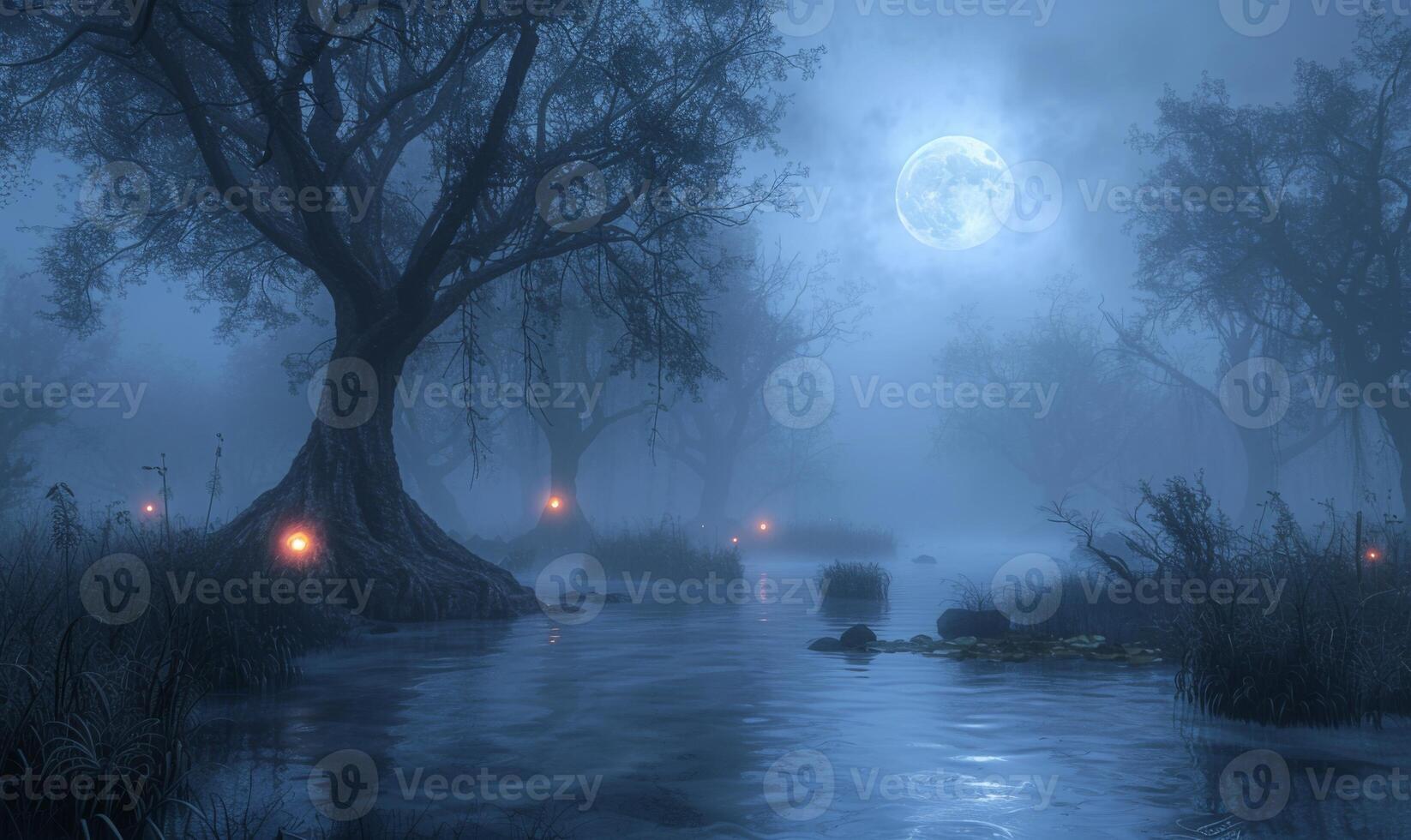 A foggy, moonlit swamp with eerie trees and glowing orbs, with plenty of space on the left for text photo