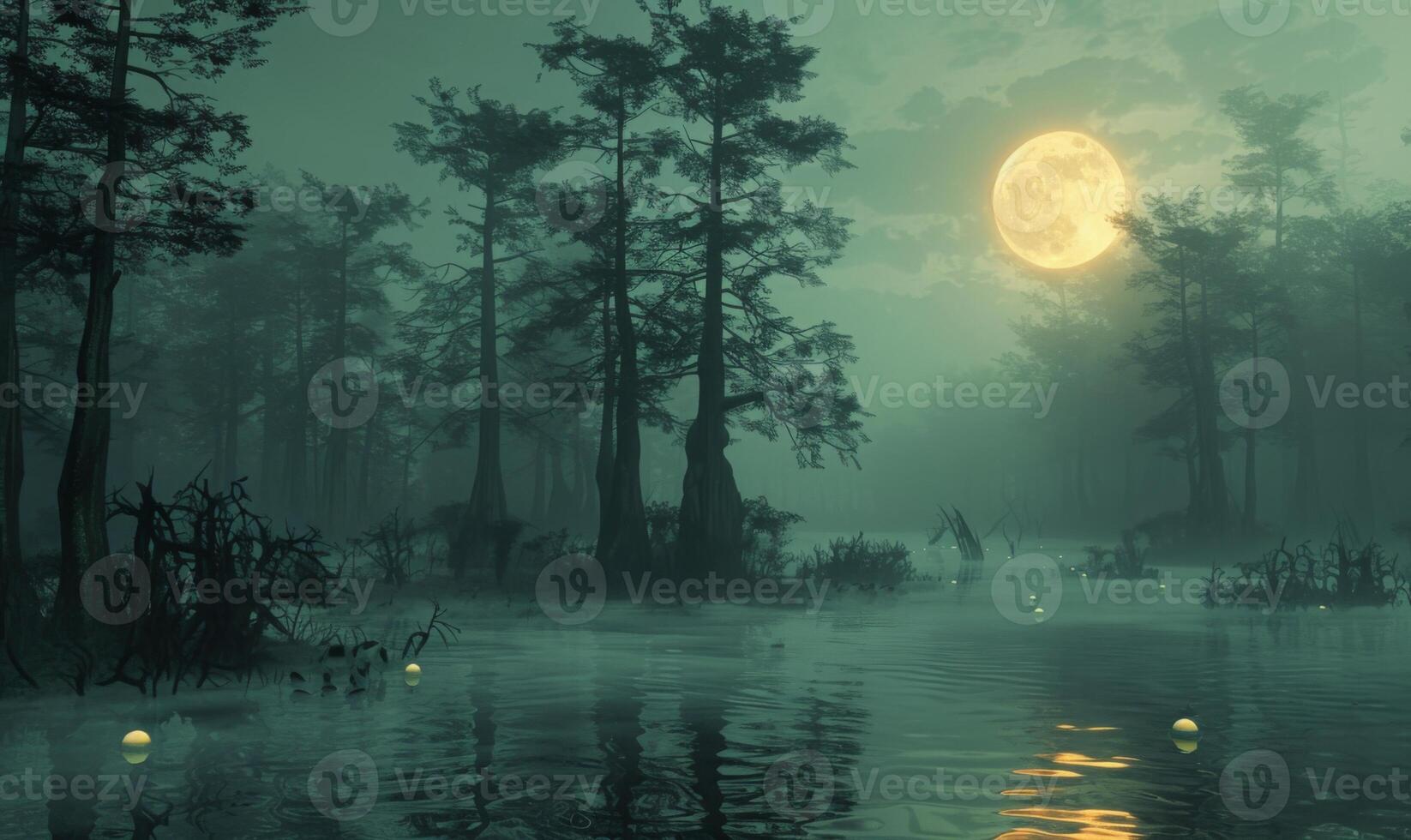 A foggy, moonlit swamp with eerie trees and glowing orbs, with plenty of space on the left for text photo