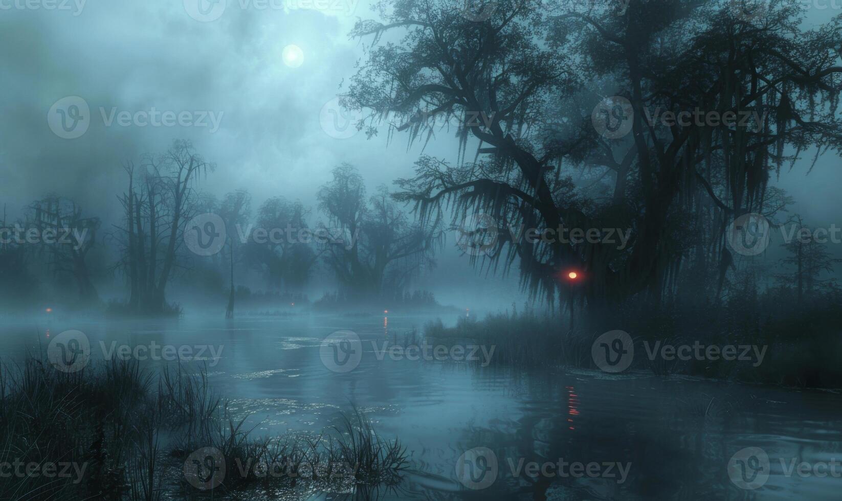 A foggy, moonlit swamp with eerie trees and glowing orbs, with plenty of space on the left for text photo