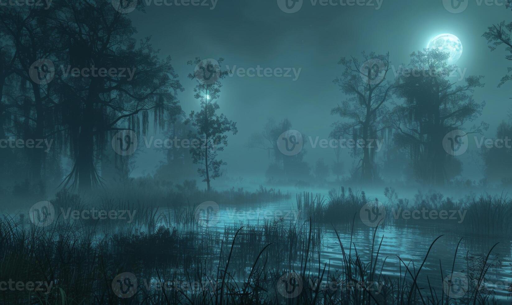 A foggy, moonlit swamp with eerie trees and glowing orbs, with plenty of space on the left for text photo