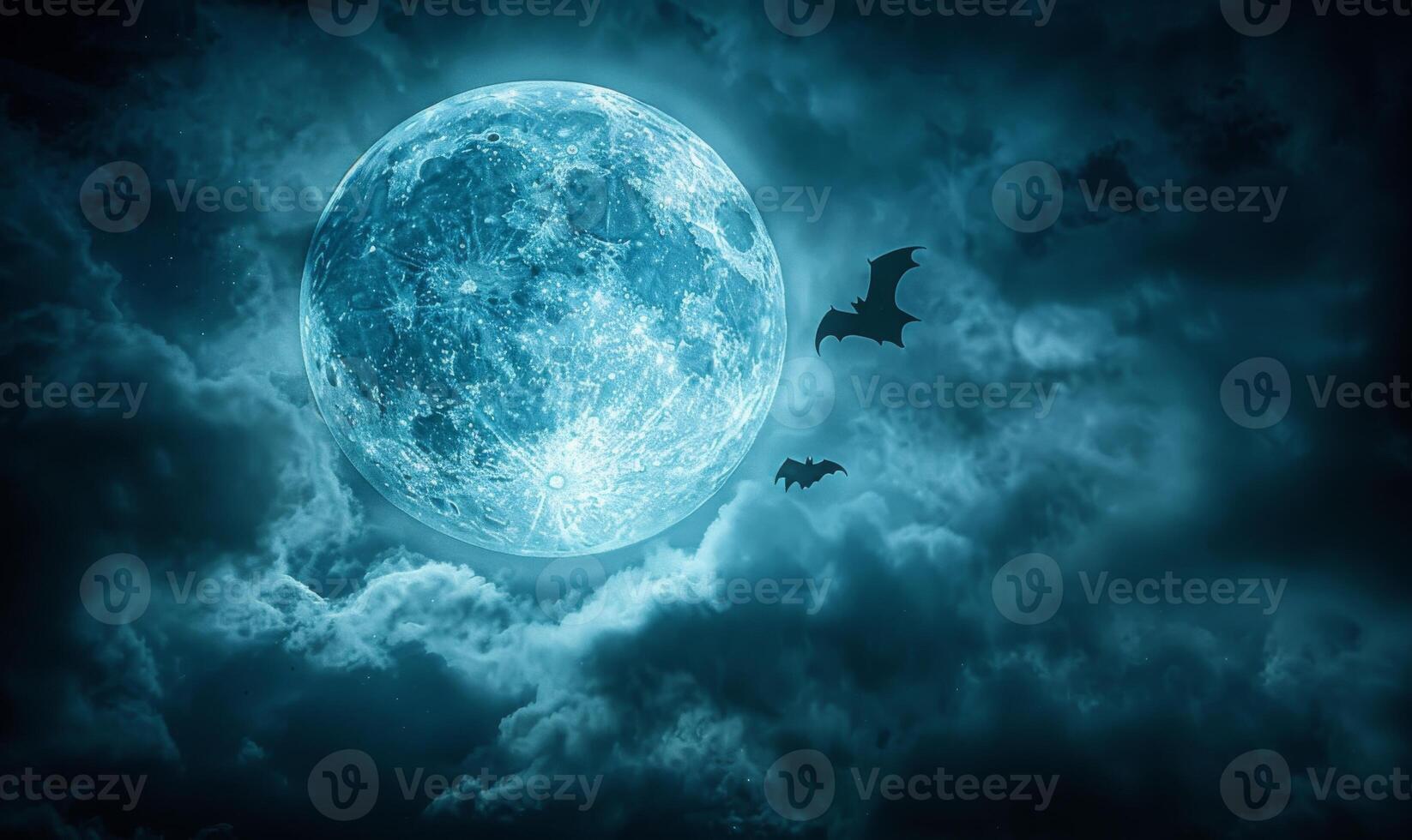 A full moon with eerie clouds and flying bats, with open space at the bottom for text photo