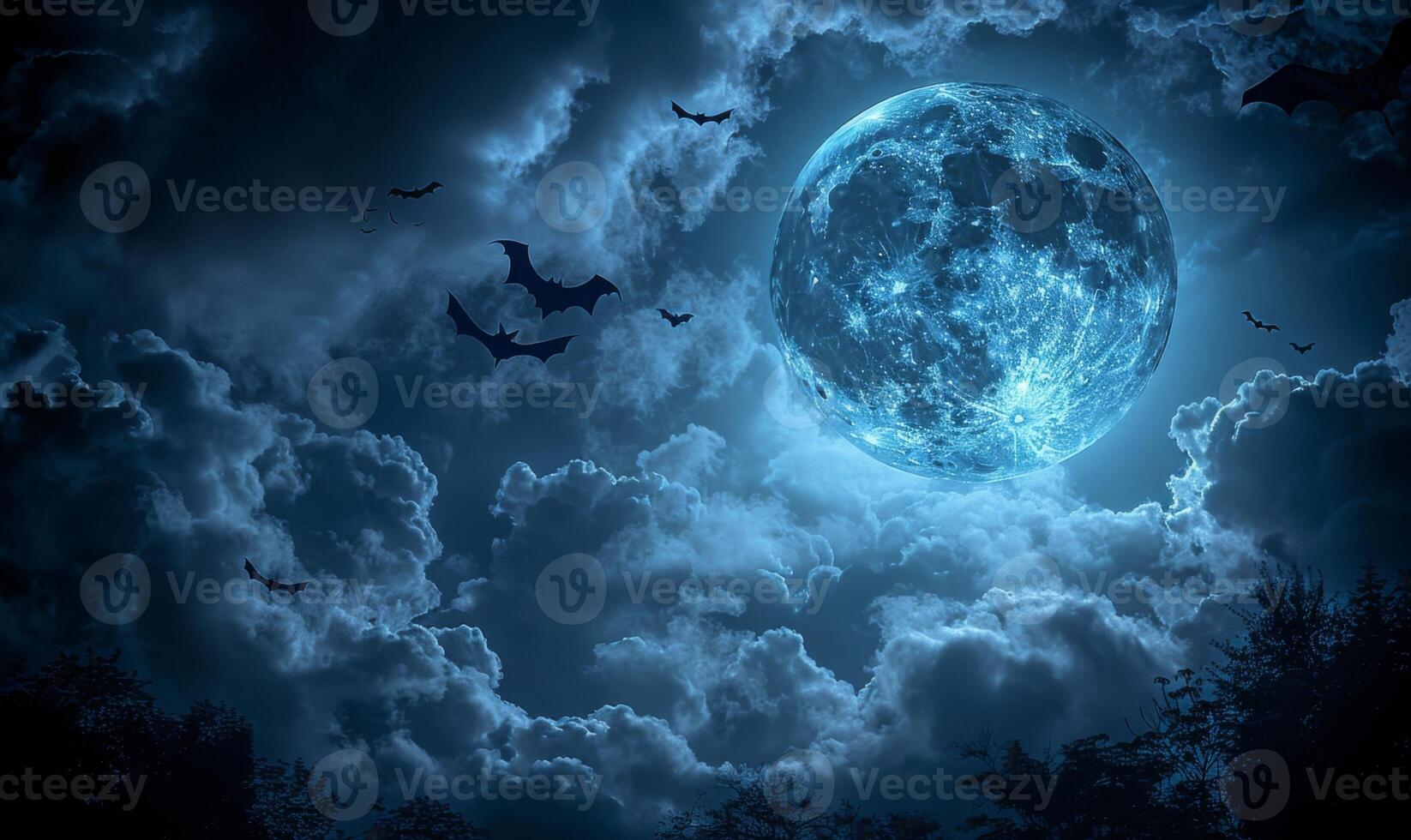 A full moon with eerie clouds and flying bats, with open space at the bottom for text photo