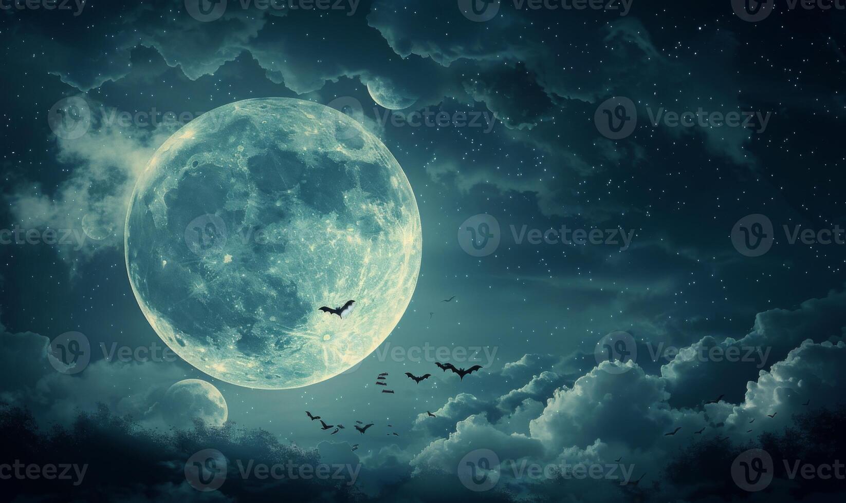 A full moon with eerie clouds and flying bats, with open space at the bottom for text photo