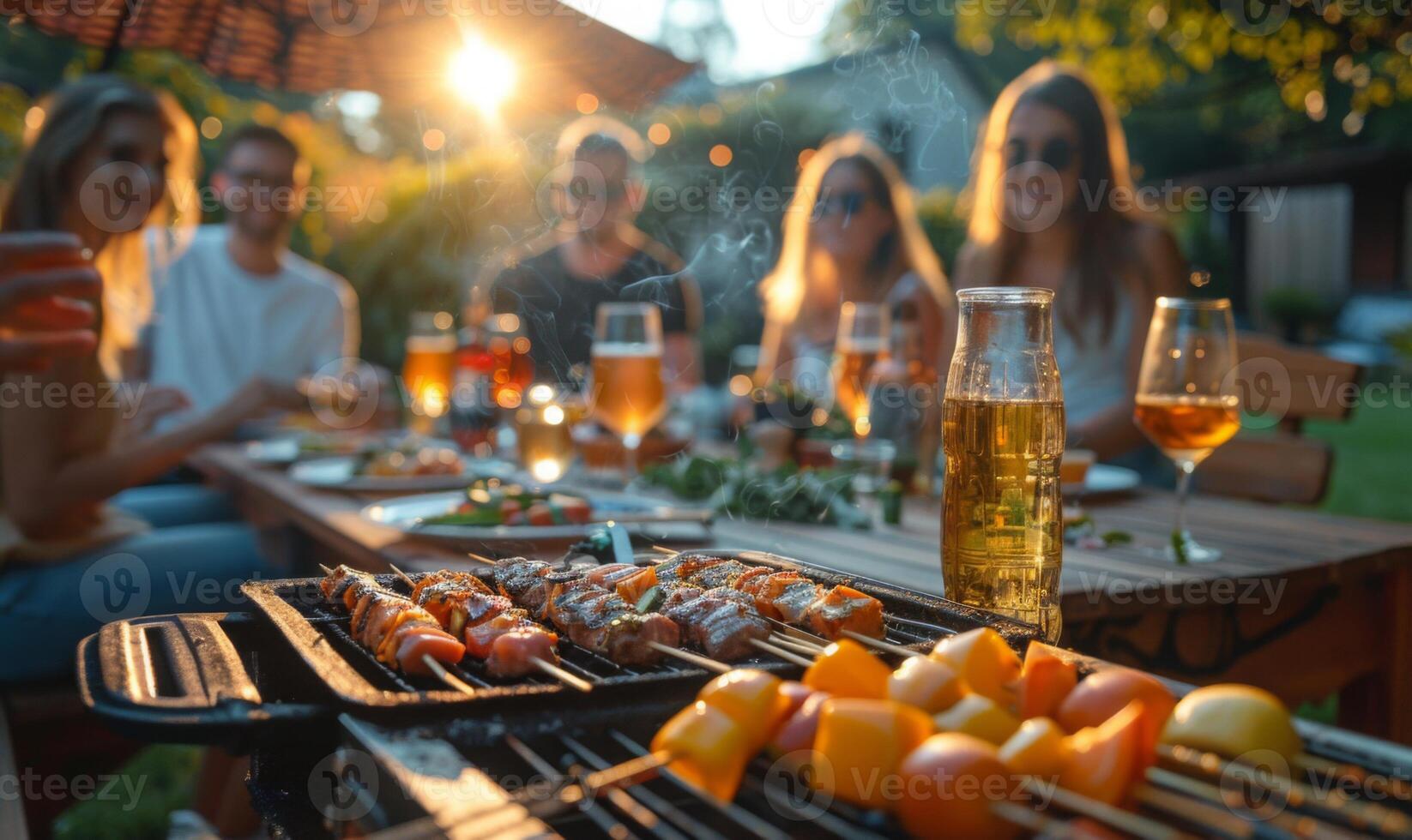 A group of friends enjoying a barbecue in a backyard photo