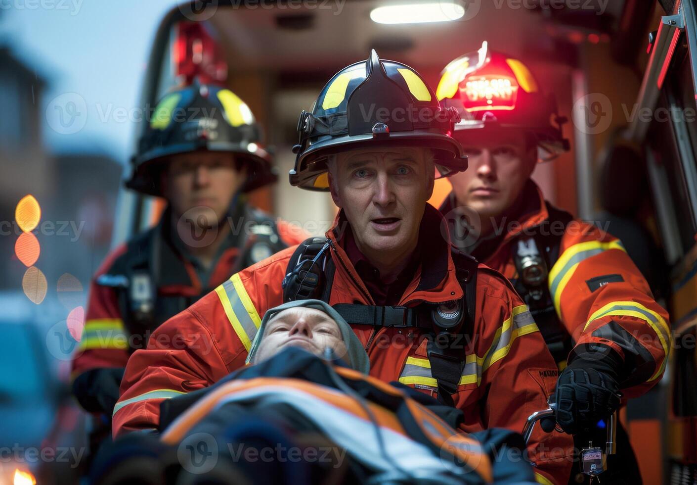 A group of paramedics transporting a patient in an ambulance photo