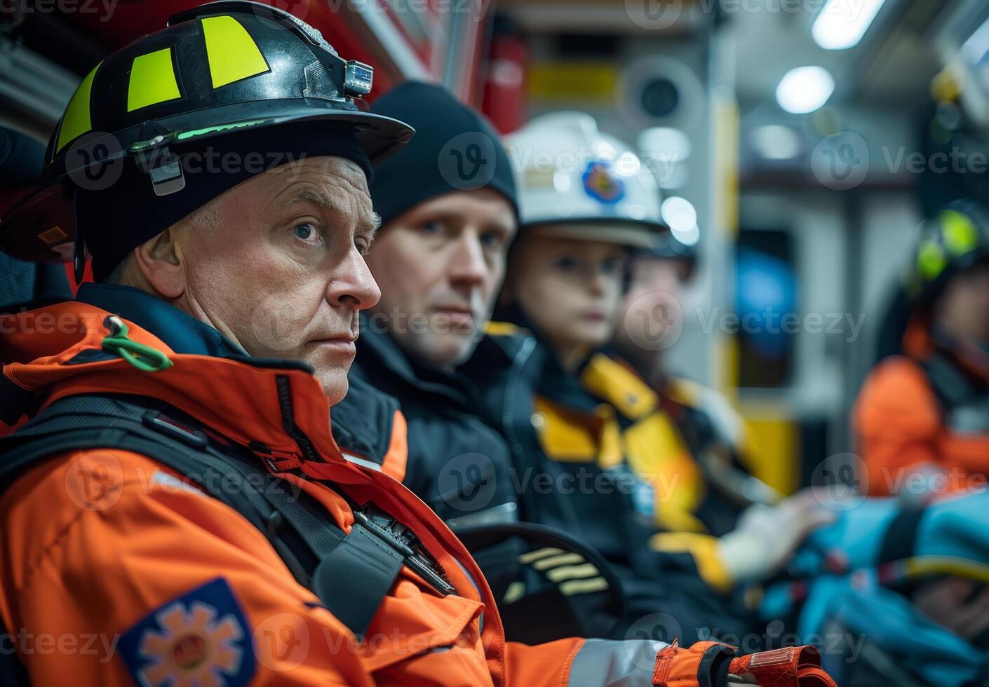 A group of paramedics transporting a patient in an ambulance photo