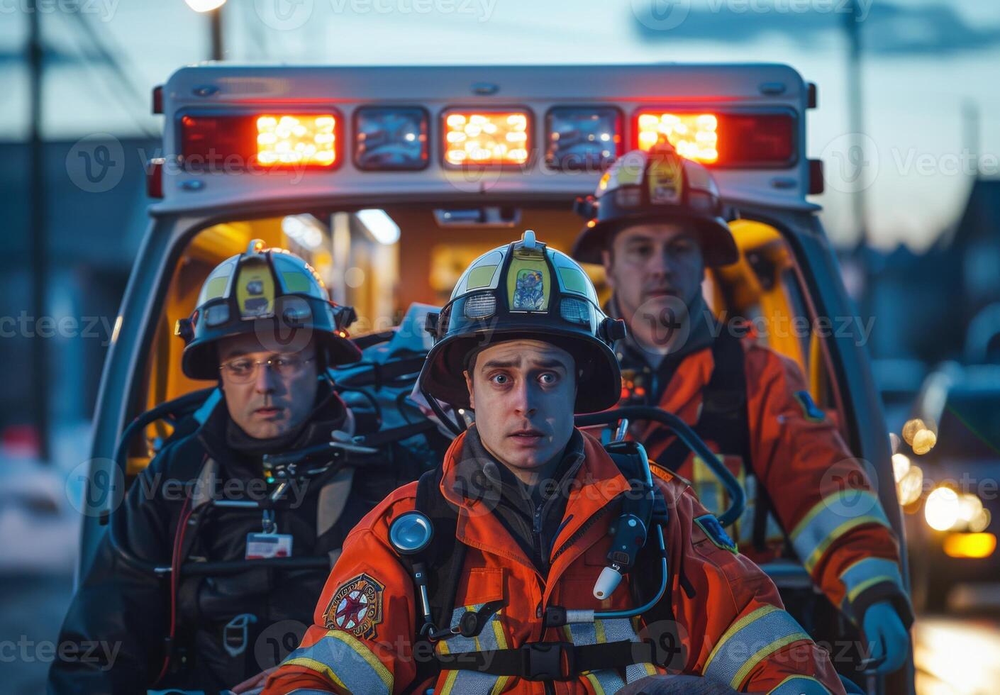 A group of paramedics transporting a patient in an ambulance photo