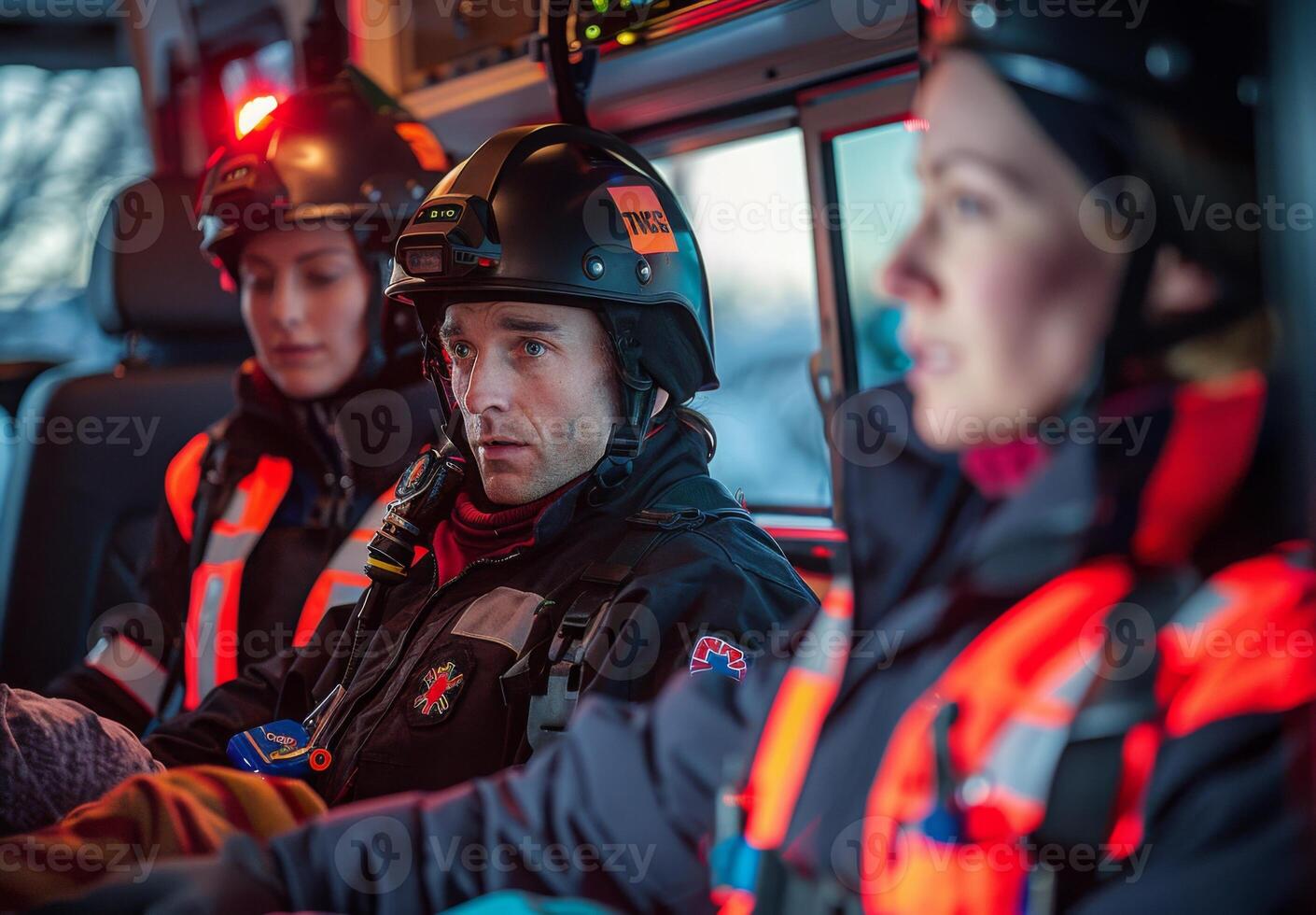 A group of paramedics transporting a patient in an ambulance photo
