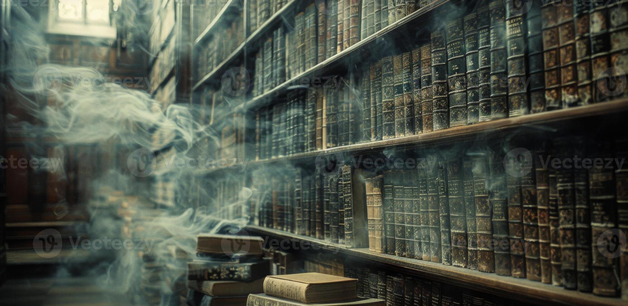 A haunted library with dusty old books and ghostly apparitions, with empty space on the left for text photo
