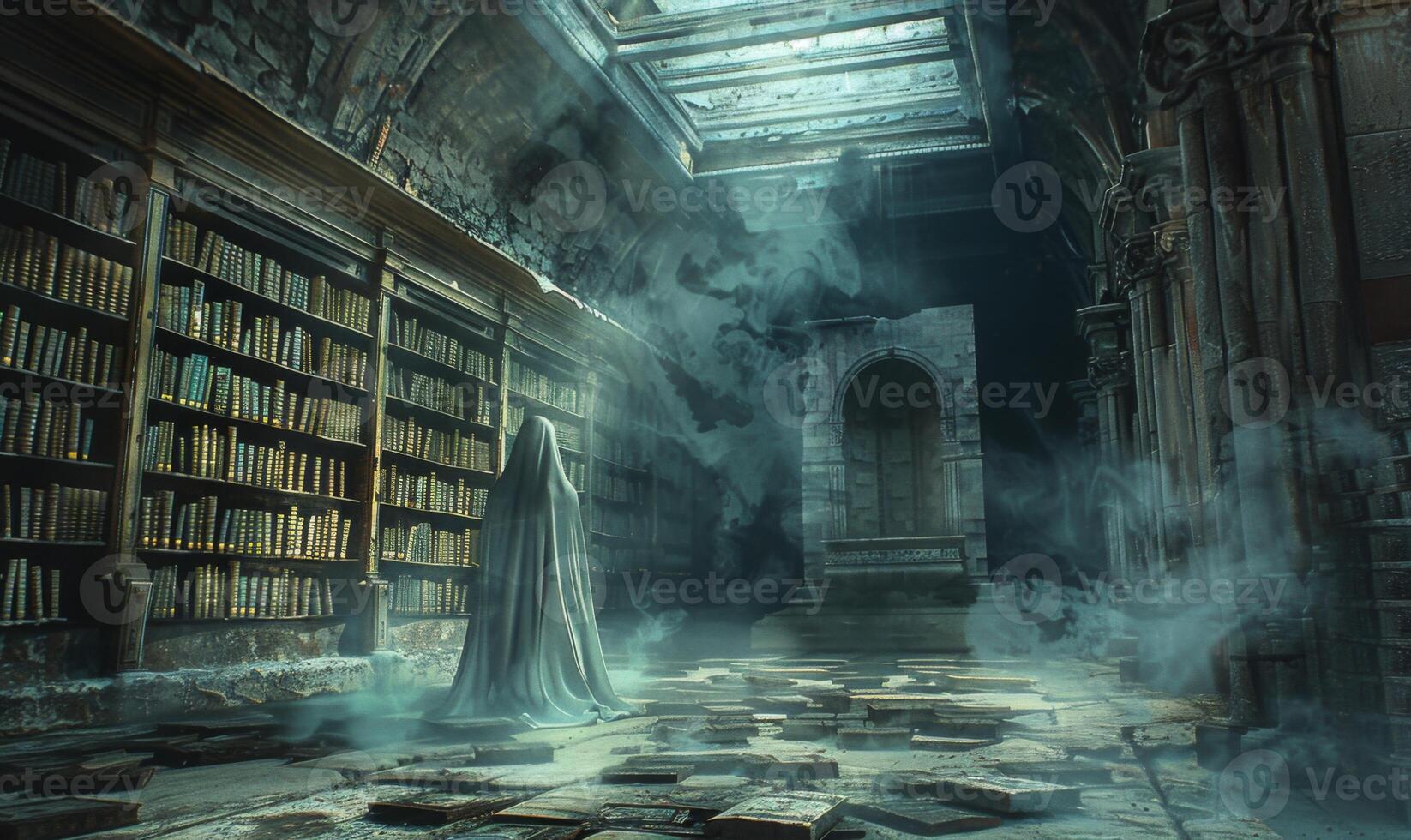 A haunted library with dusty old books and ghostly apparitions, with empty space on the left for text photo