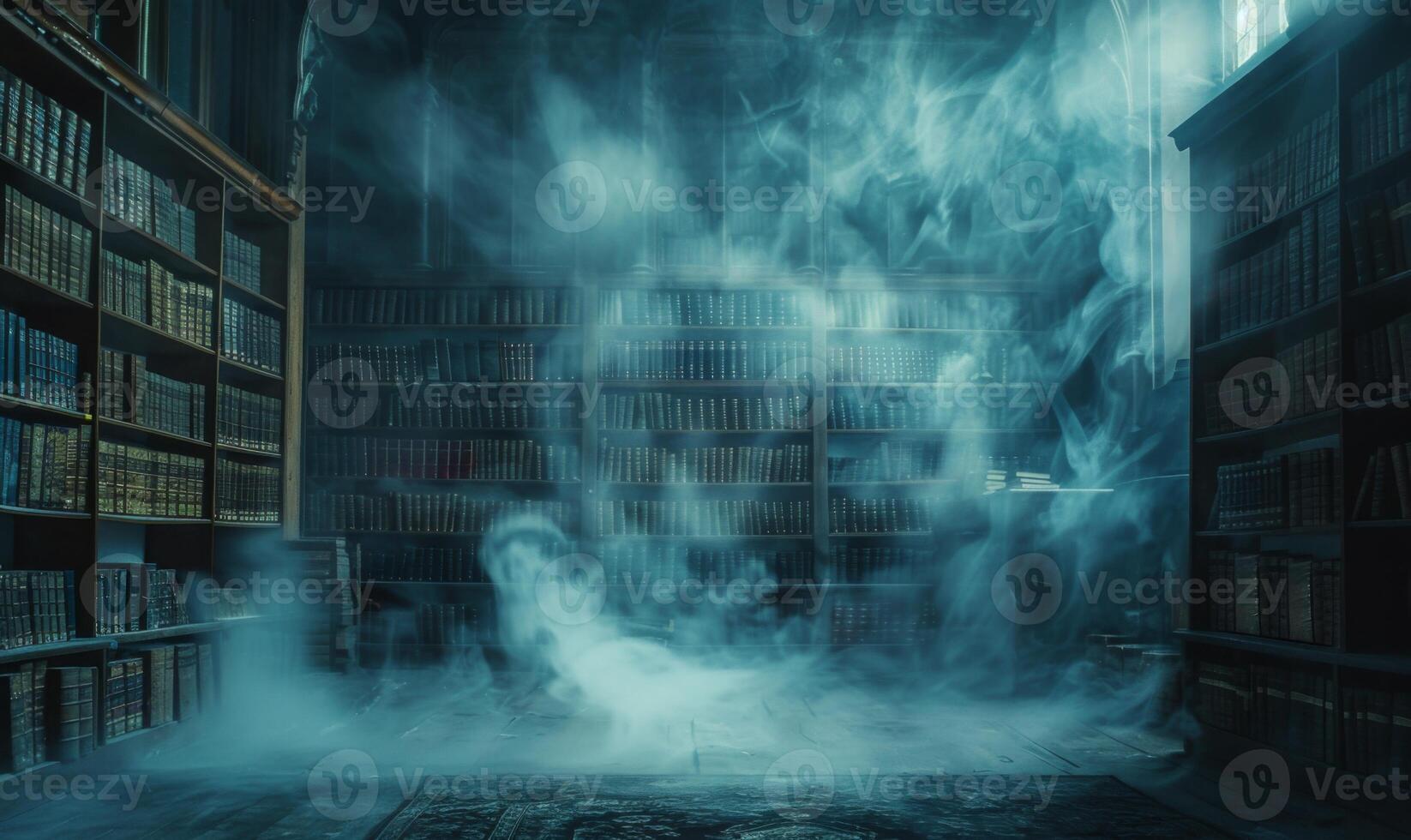 A haunted library with dusty old books and ghostly apparitions, with empty space on the left for text photo