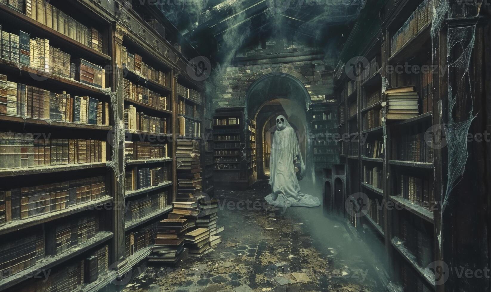 A haunted library with dusty old books and ghostly apparitions, with empty space on the left for text photo